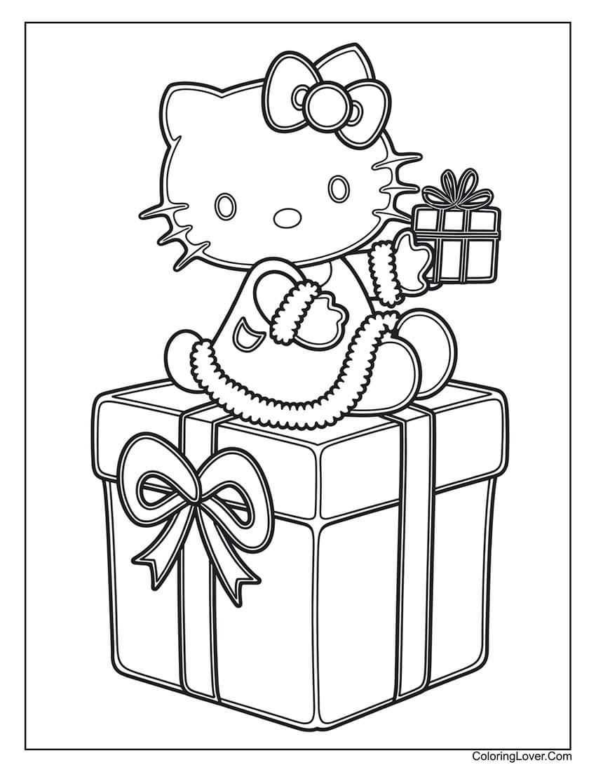 Hello Kitty sitting on a giant gift box coloring sheet