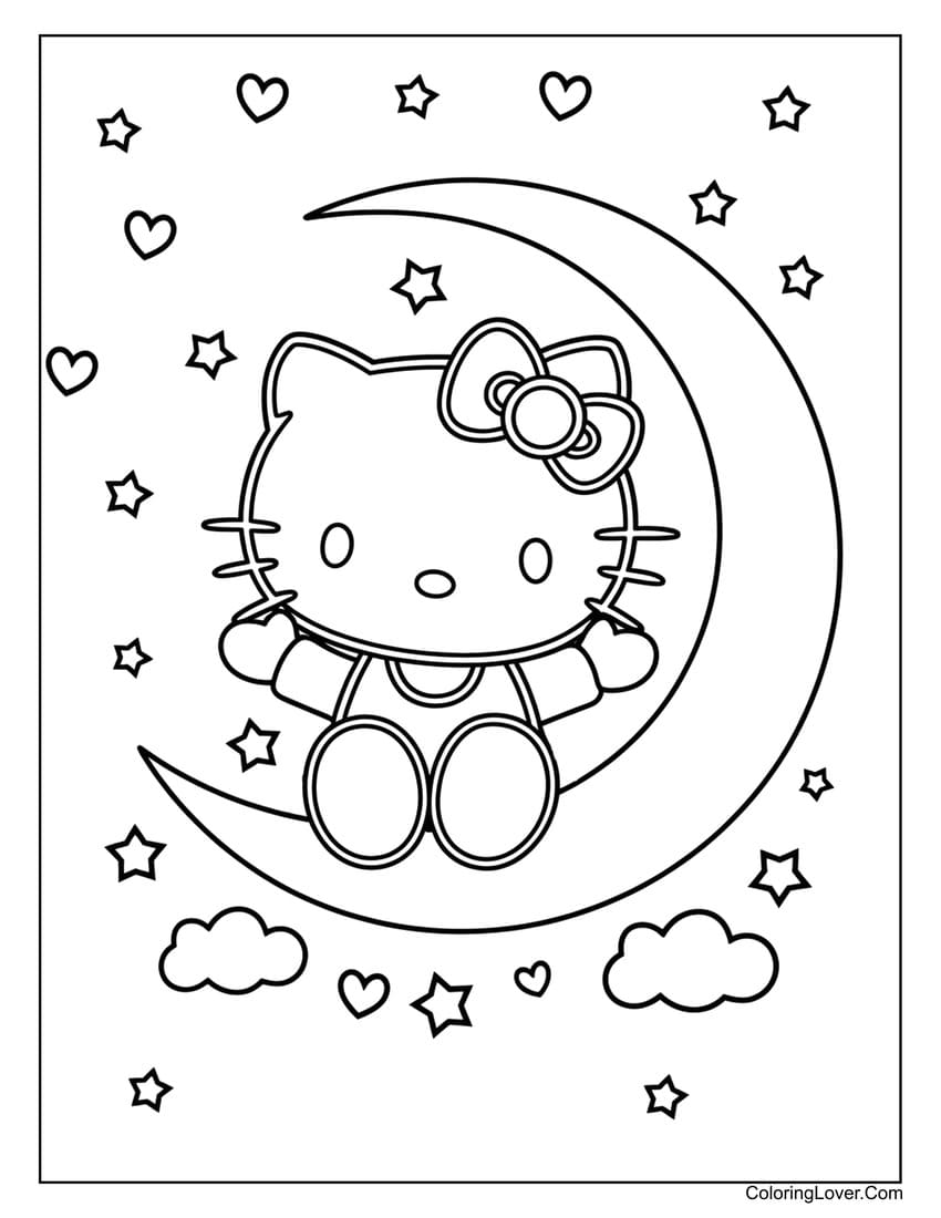 Hello Kitty sitting on crescent moon coloring page