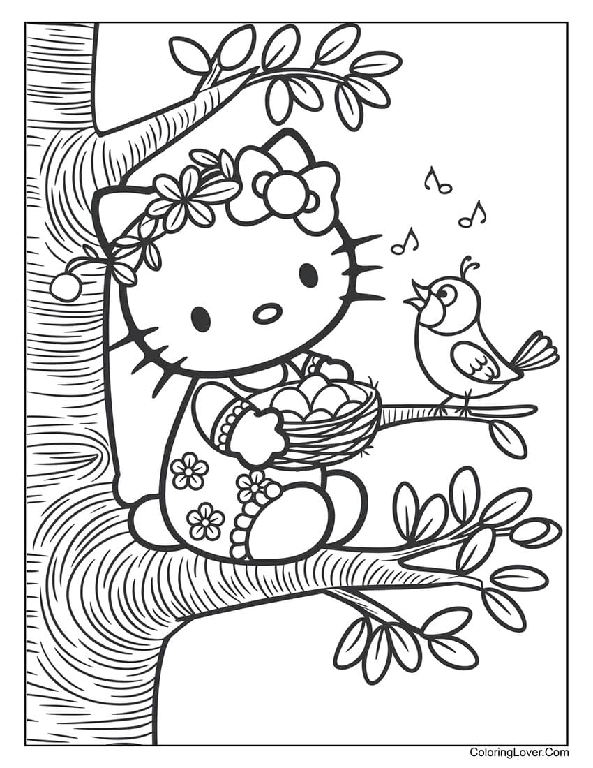 Hello Kitty sitting on tree with singing bird coloring page