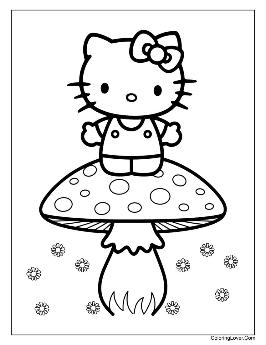 Hello Kitty standing on a giant mushroom coloring page