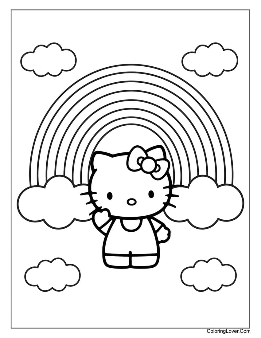 Hello Kitty standing under rainbow coloring page for kids