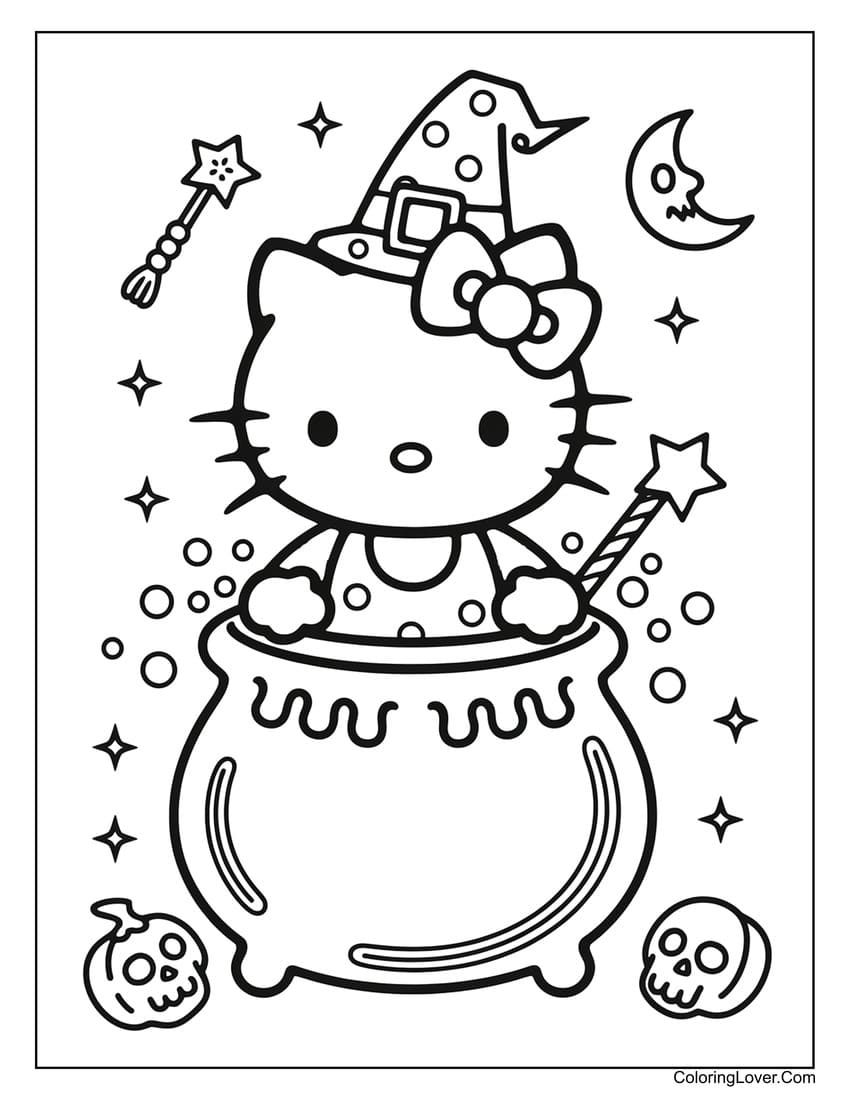 Hello Kitty stirring magic cauldron Halloween page