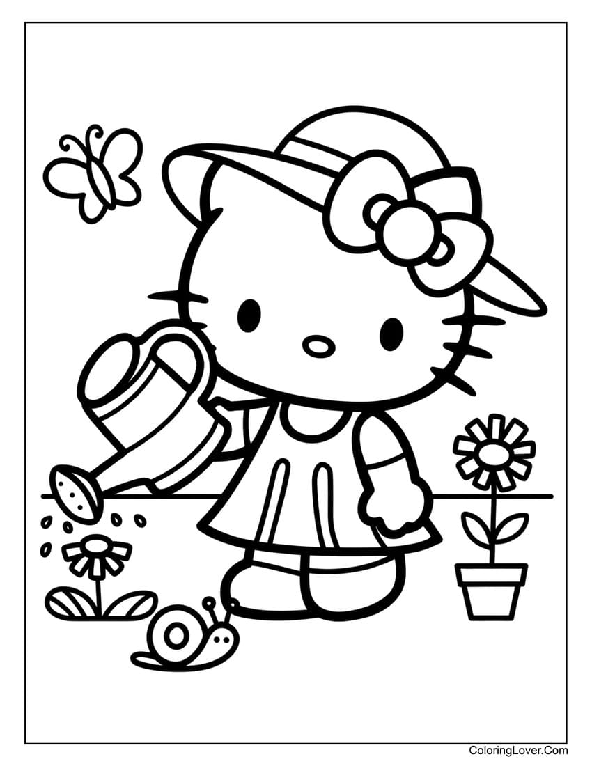 Hello Kitty watering flowers garden coloring page