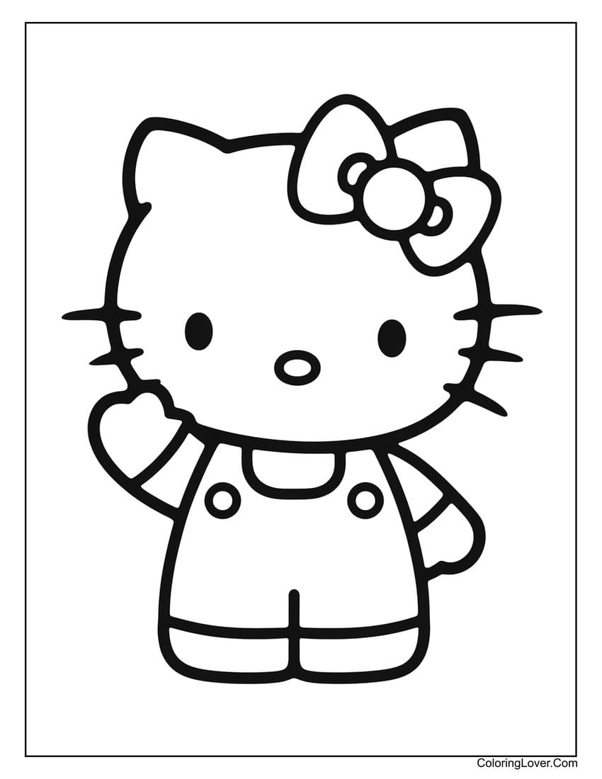 Hello Kitty waving hello in overalls coloring page