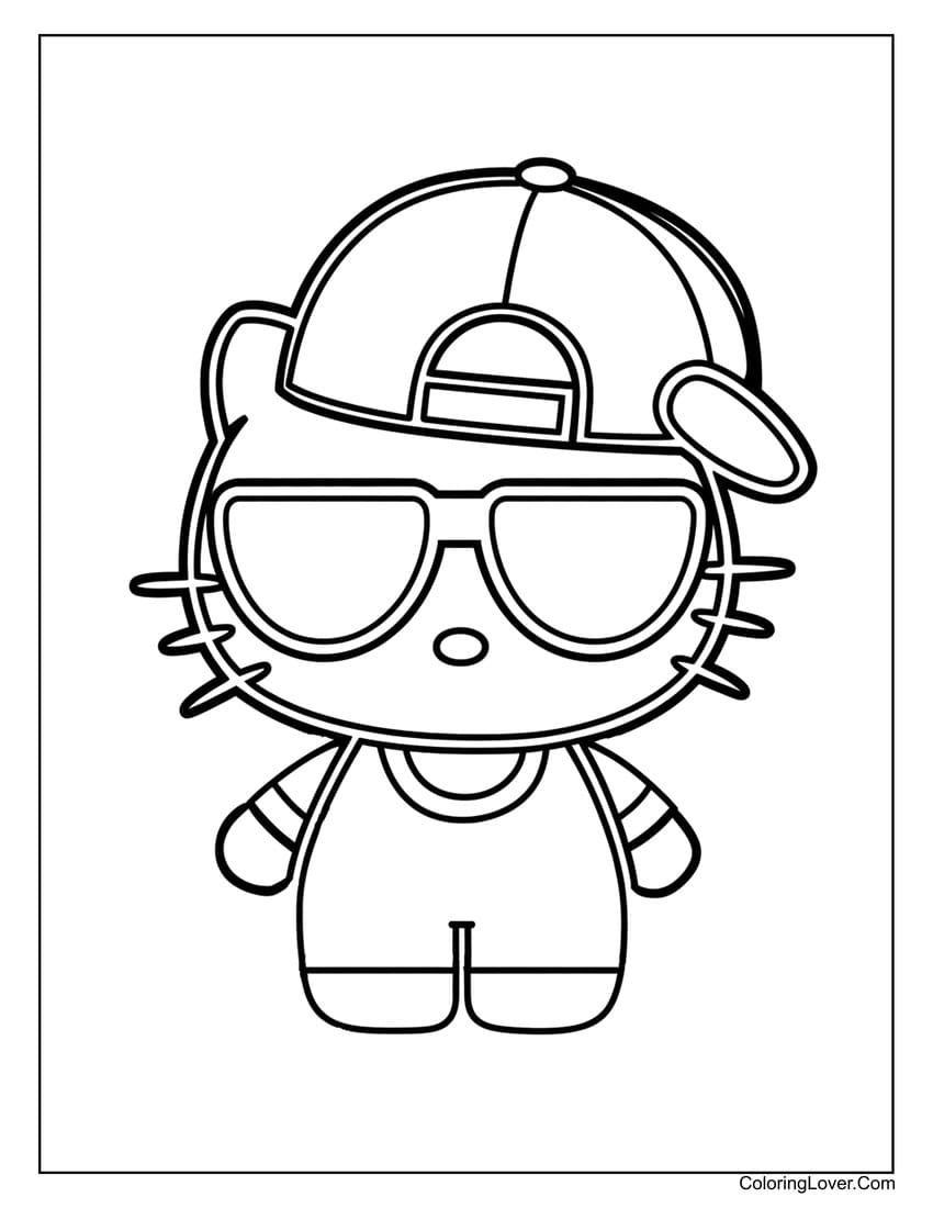 Hello Kitty wearing cap and sunglasses coloring sheet