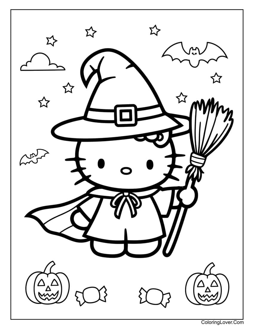 Hello Kitty witch with broom Halloween coloring page