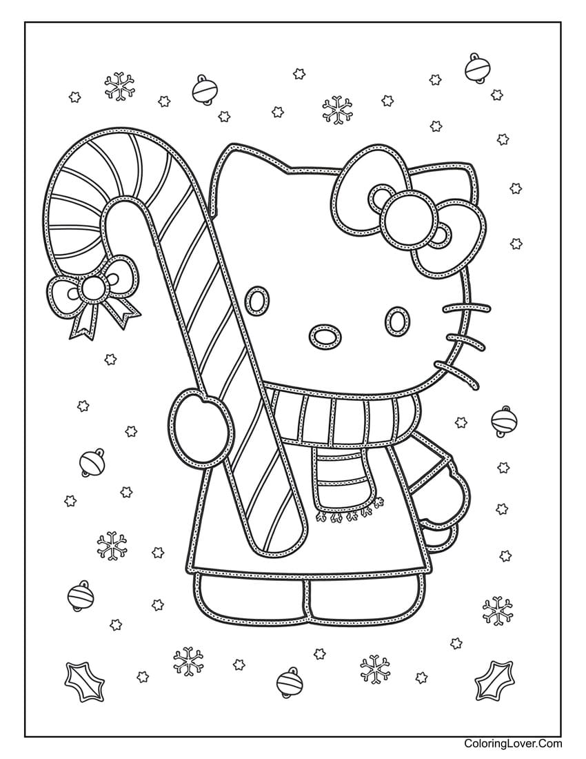 Hello Kitty with a giant candy cane in snow coloring page