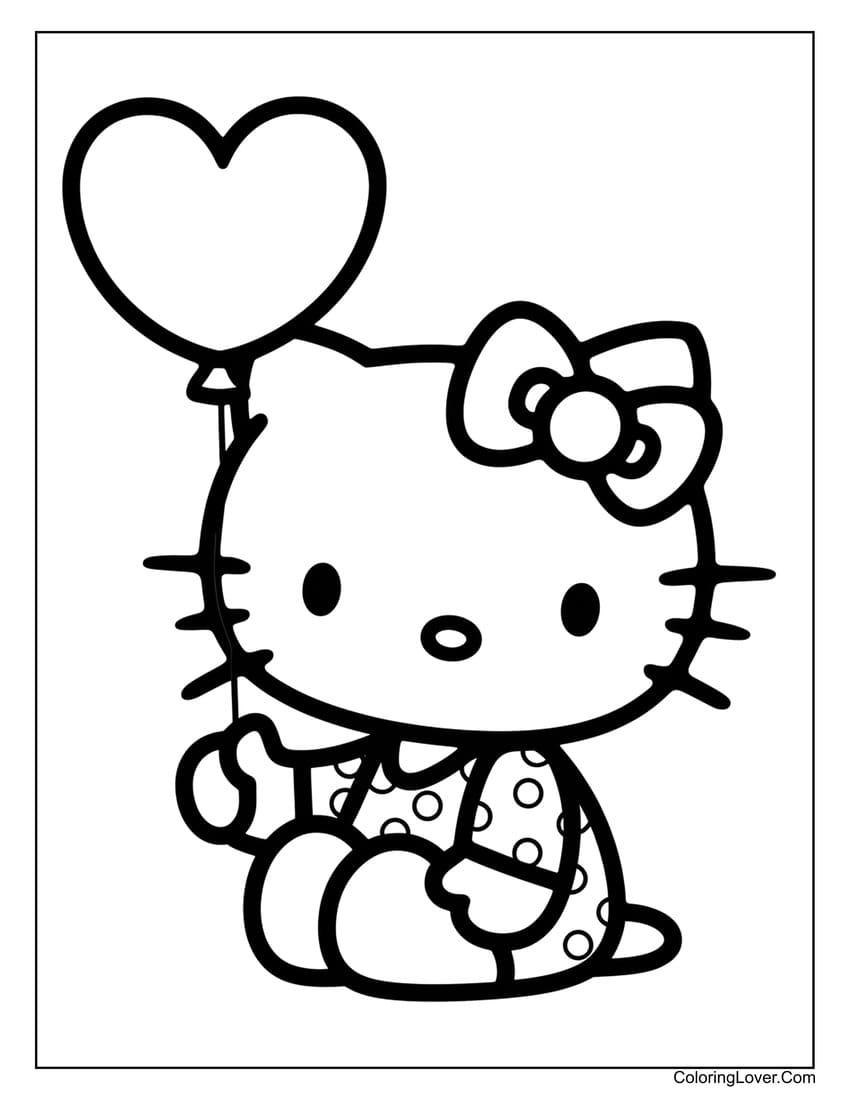 Hello Kitty with heart balloon coloring page for kids