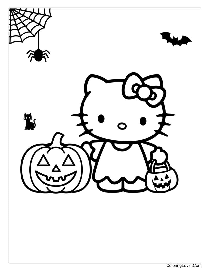 Hello Kitty with Jack-o'-lantern coloring page for kids