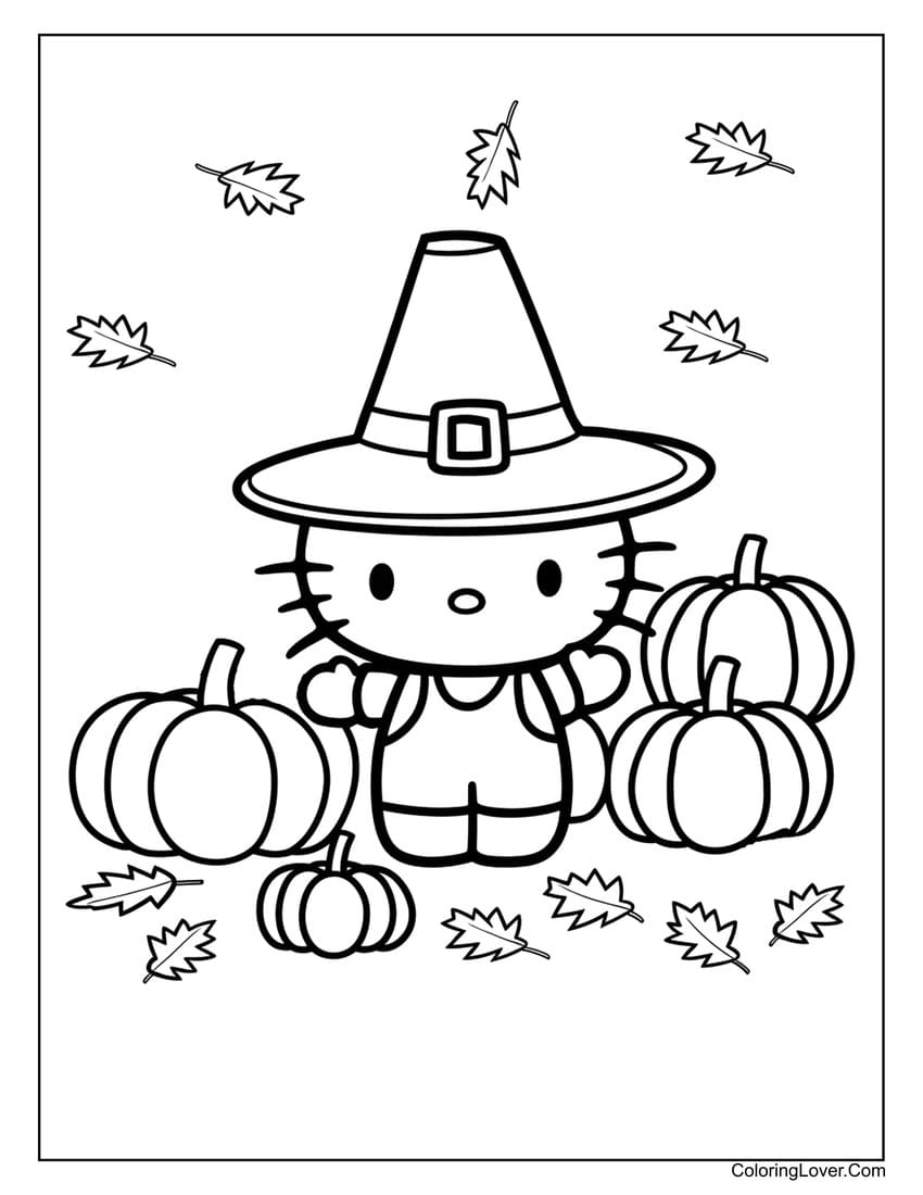 Hello Kitty with pumpkins Thanksgiving coloring page