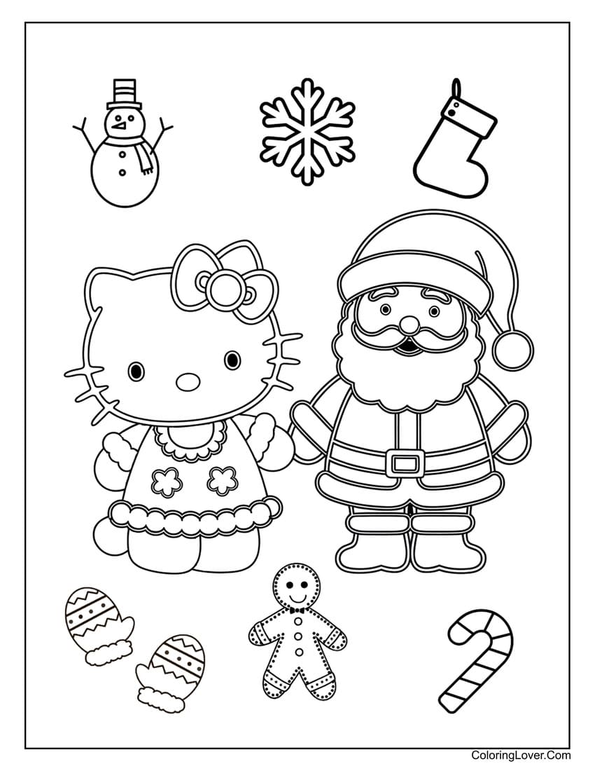 Hello Kitty with Santa Claus and holiday items coloring page