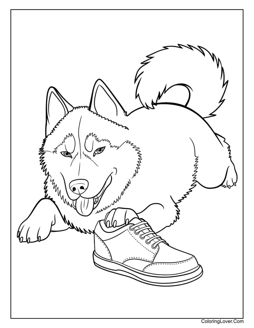 Husky playing with shoe coloring page printable