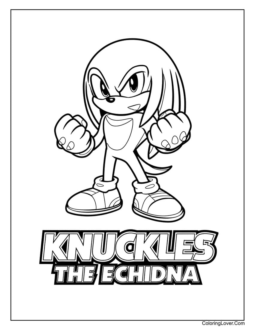 Knuckles the Echidna standing strong coloring page for kids