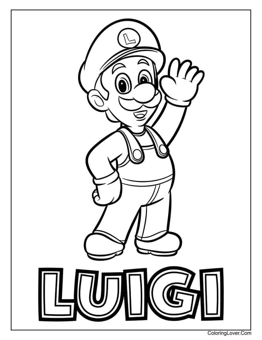 Luigi waving coloring page for kids