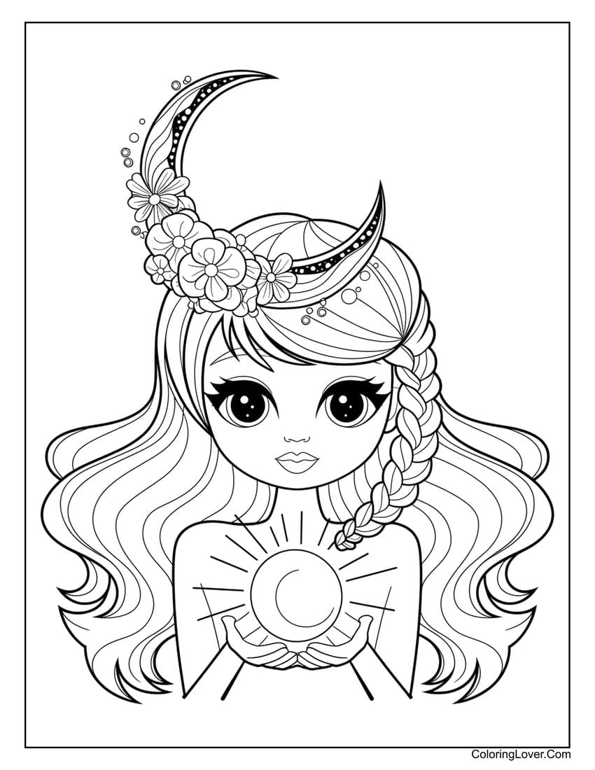 Magical anime mermaid with moon design coloring page