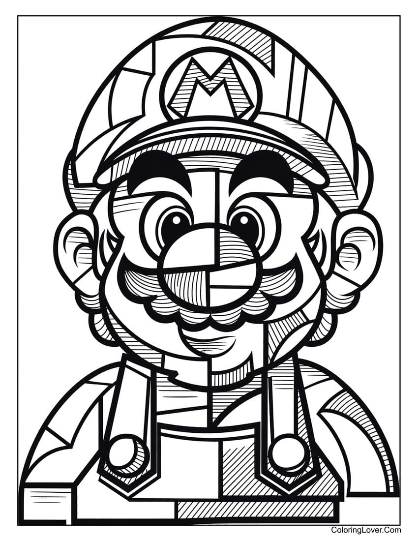 Mario abstract face coloring page for adults