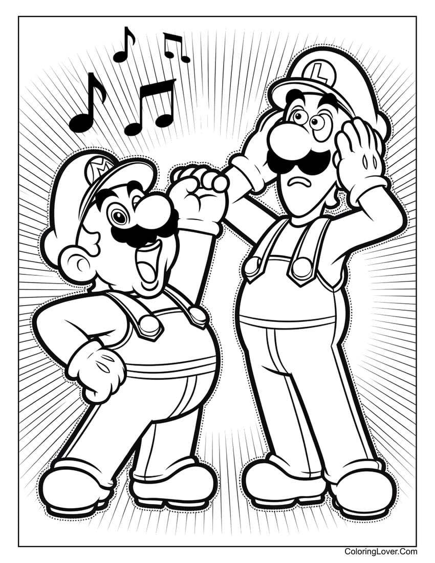 Mario and Luigi musical coloring page for kids