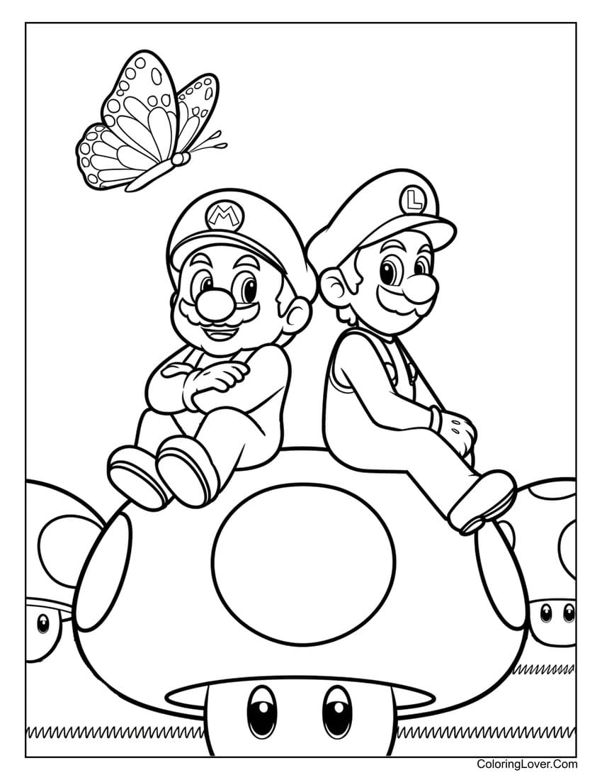 Mario and Luigi sitting on mushroom coloring sheet