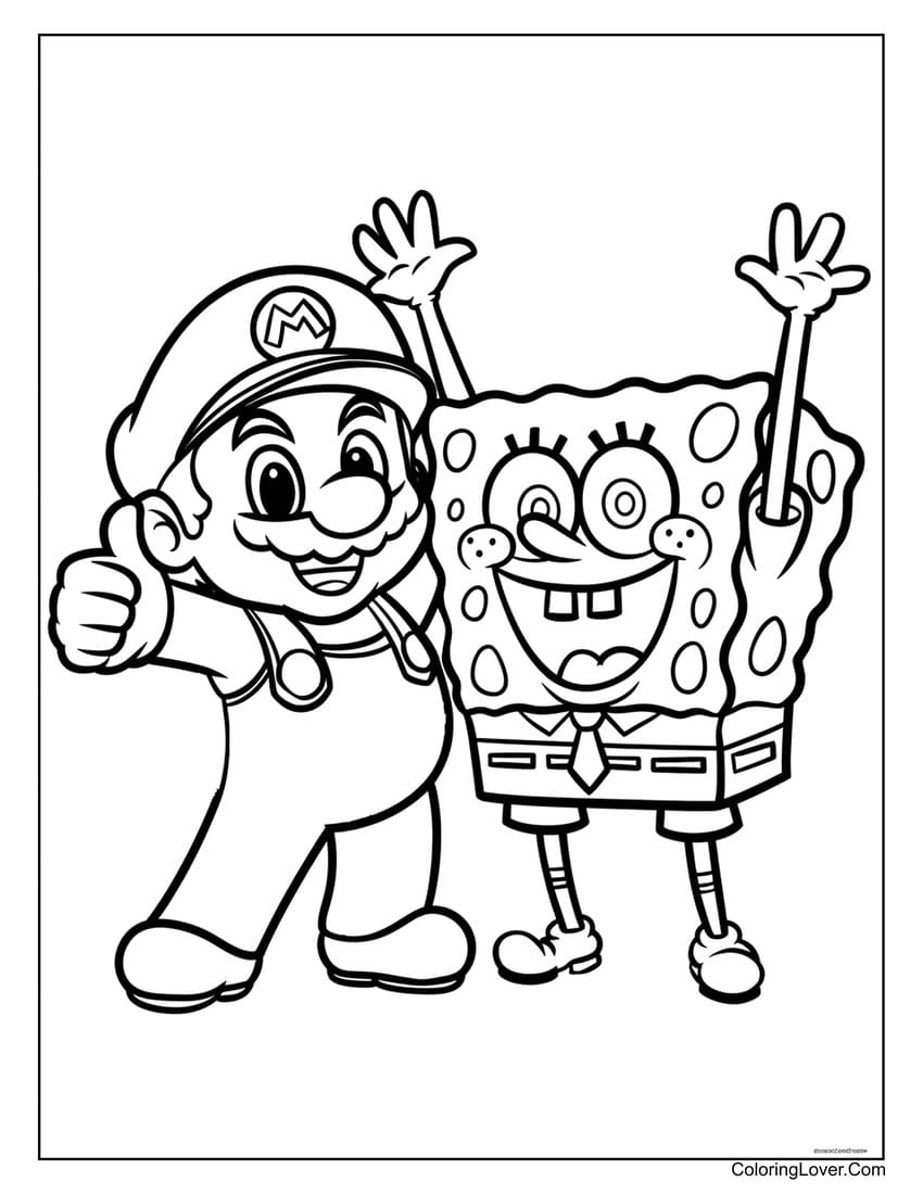 mario and spongebob coloring page