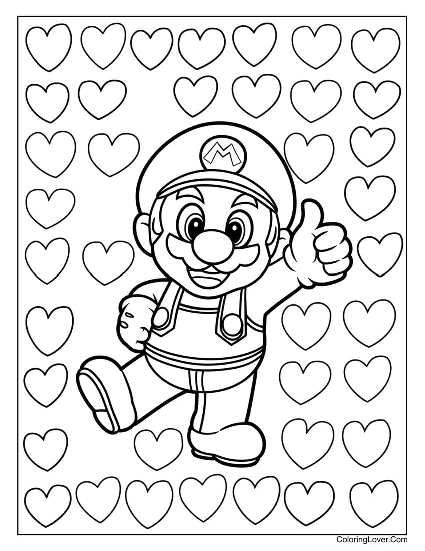 Mario with hearts coloring page