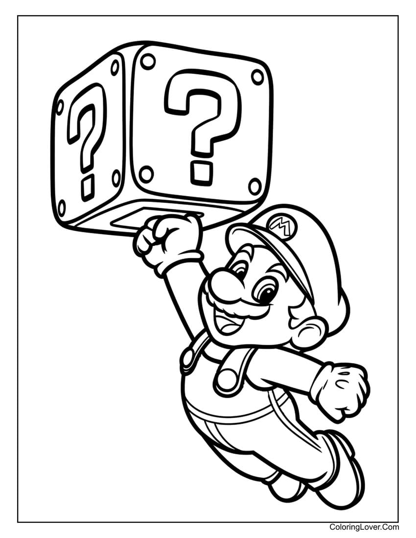 Mario jumping question block coloring page