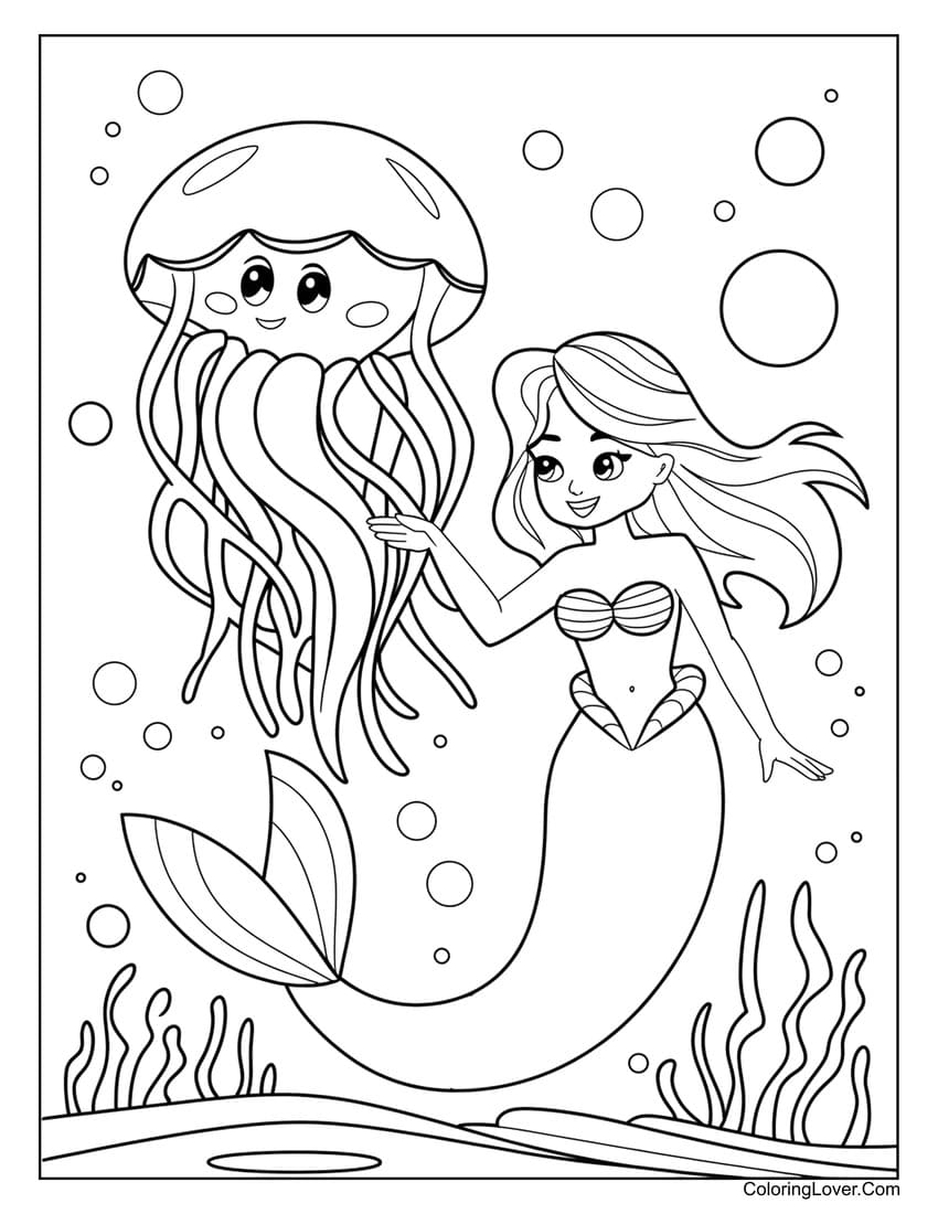 Mermaid and jellyfish underwater adventure coloring page