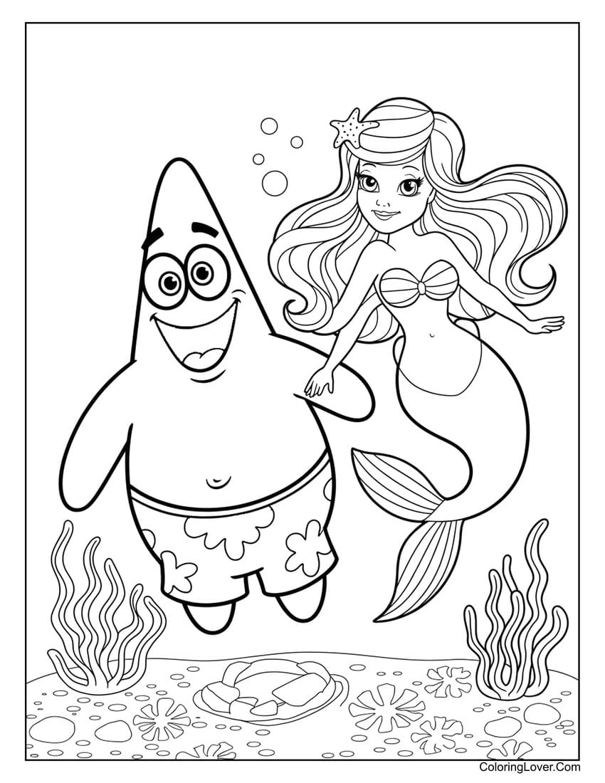 Mermaid and Patrick Star underwater coloring page