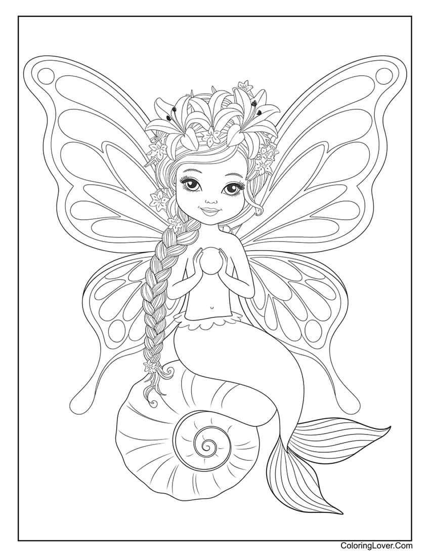 Mermaid fairy sitting on seashell coloring page