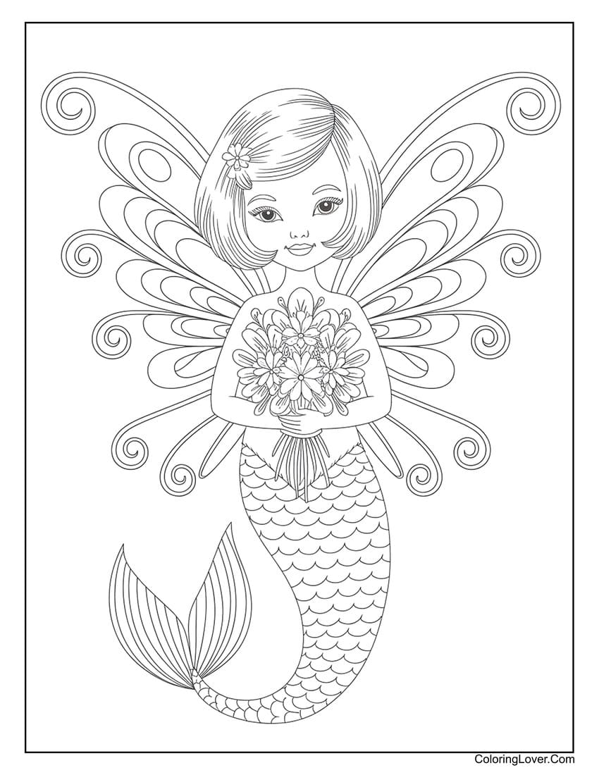 Mermaid fairy with flower bouquet coloring page