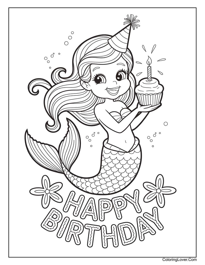 Mermaid holding cupcake happy birthday coloring page