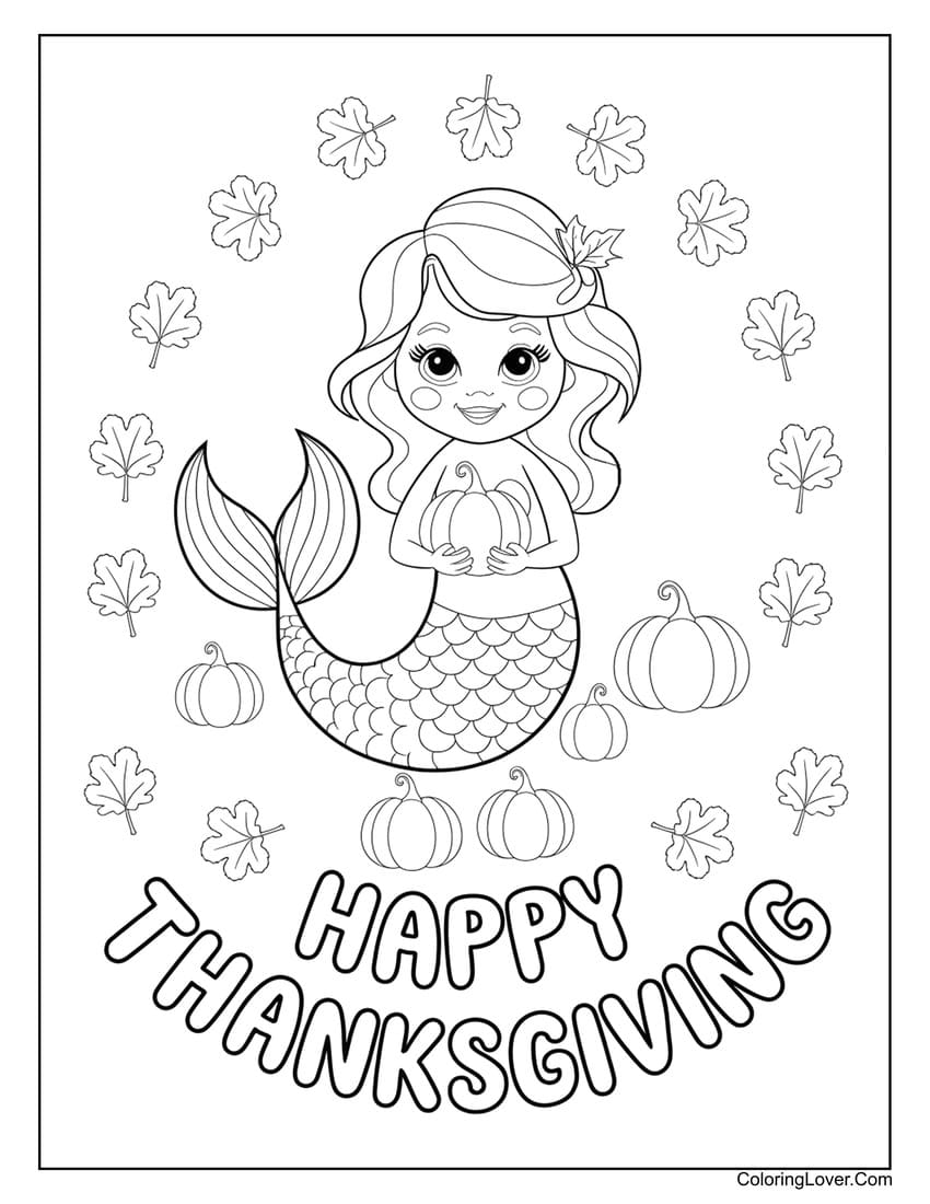 Mermaid holding pumpkin Thanksgiving coloring page