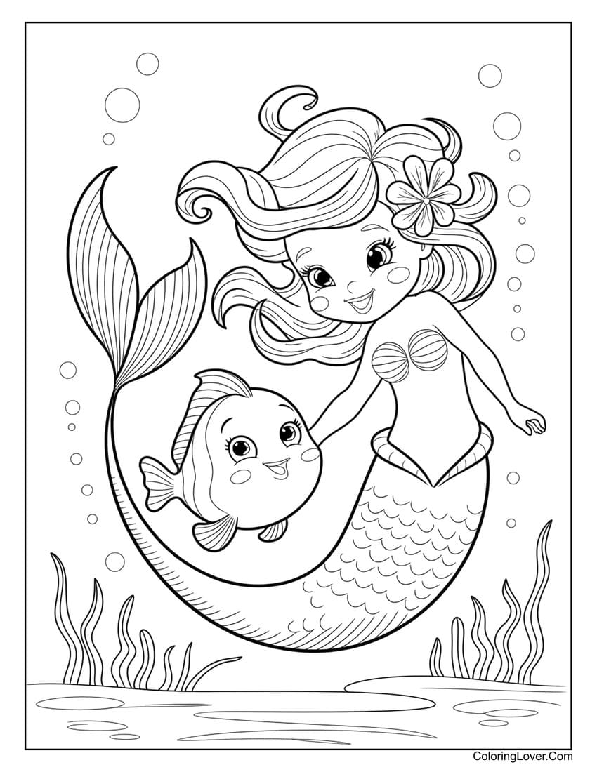 Mermaid holding smiling fish coloring page