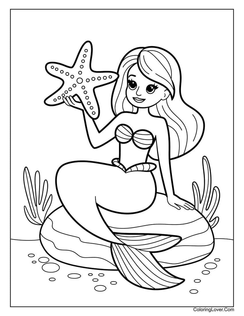 Mermaid holding starfish on rock coloring page