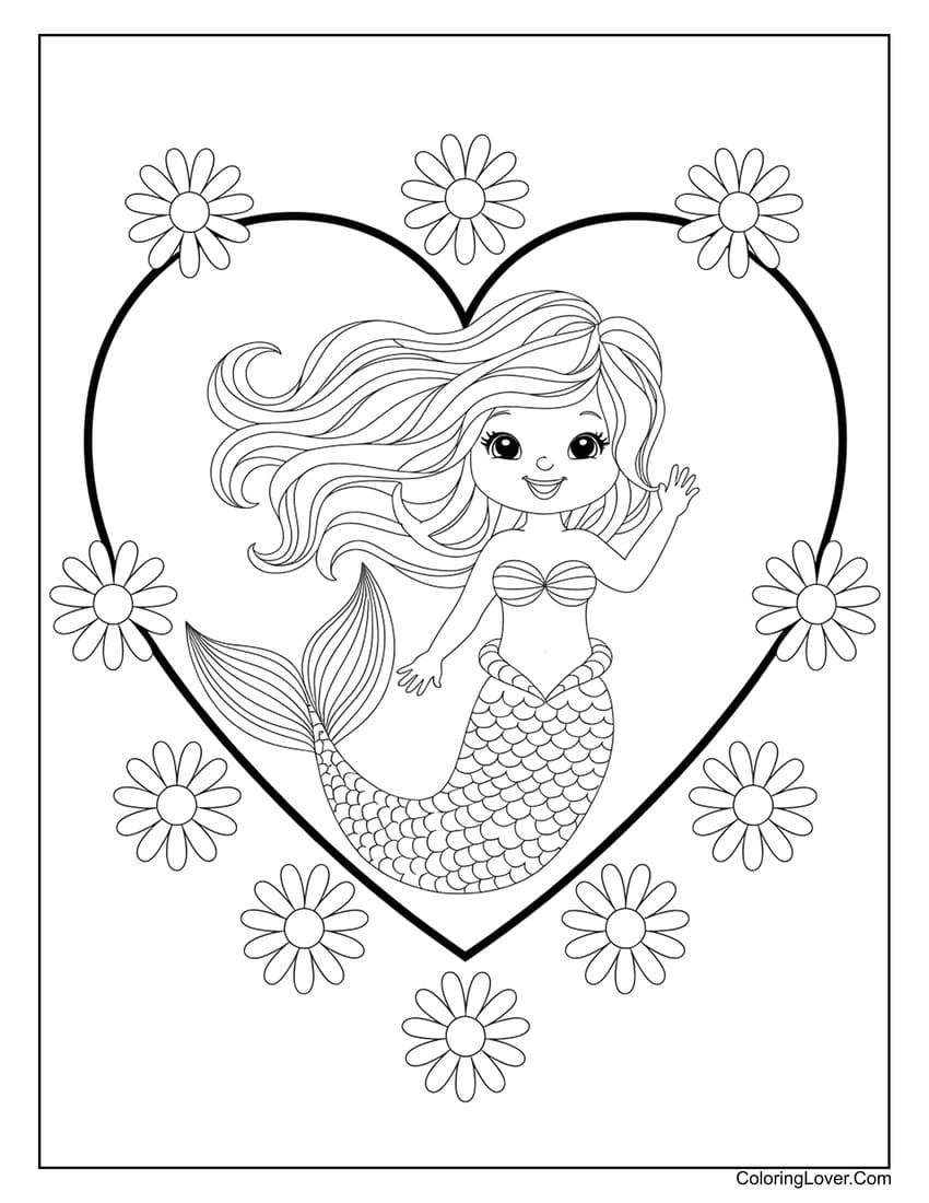 Mermaid in heart with flowers coloring sheet