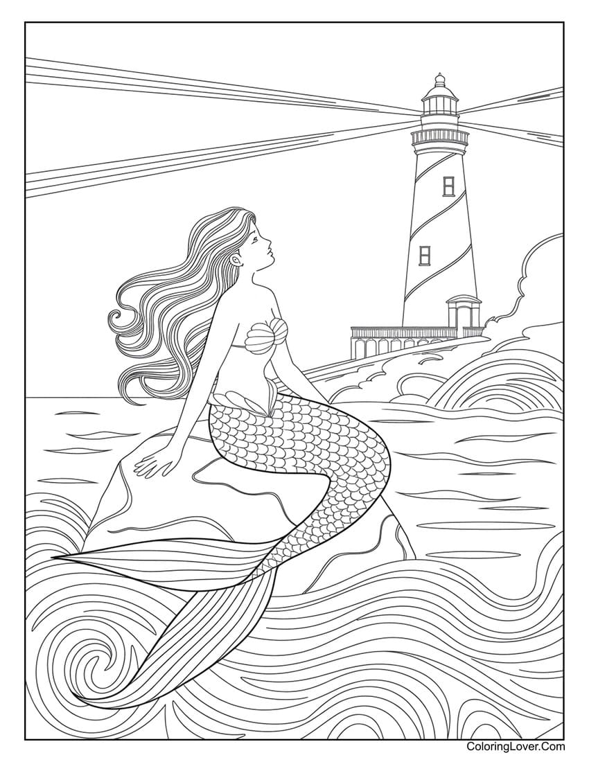 Mermaid near lighthouse on waves coloring page