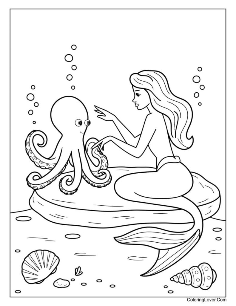 Mermaid playing with octopus coloring page