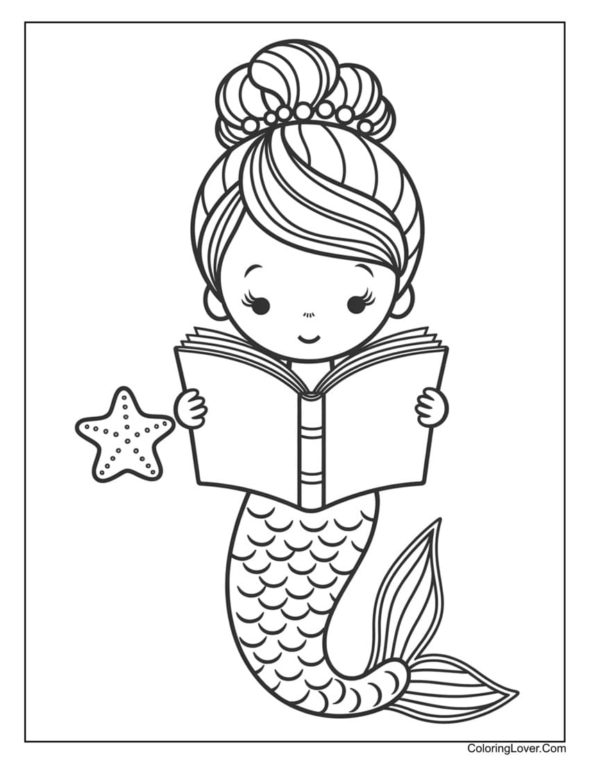 Mermaid reading book and starfish coloring page