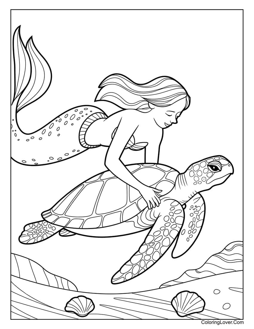 Mermaid riding sea turtle underwater coloring page