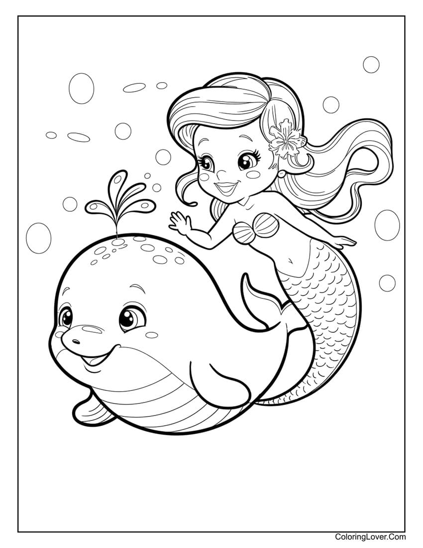 Mermaid riding whale underwater coloring page