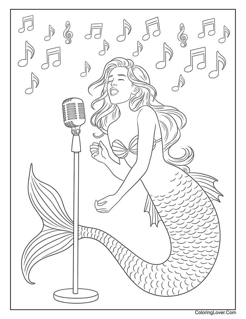 Mermaid singing with microphone coloring sheet