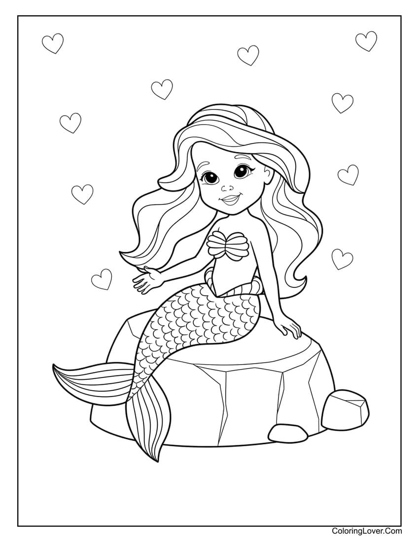 Mermaid sitting on rock with hearts coloring page