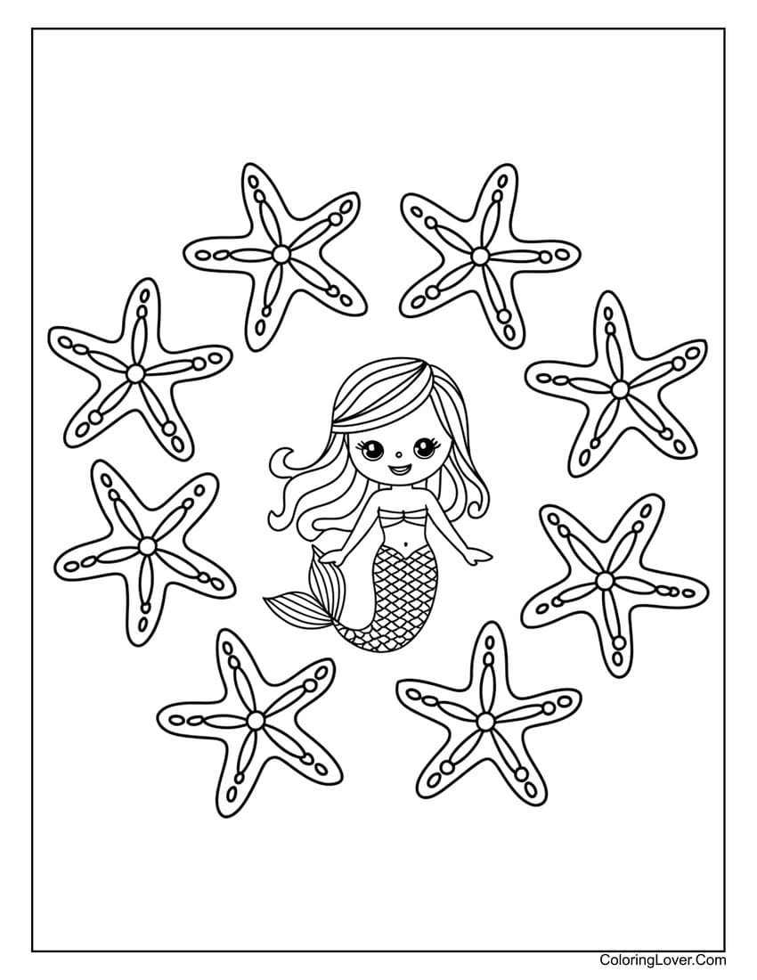 Mermaid surrounded by starfish coloring page for kids