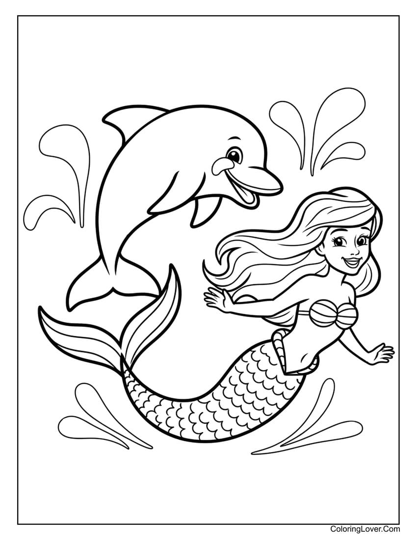 Mermaid swimming with dolphin coloring page