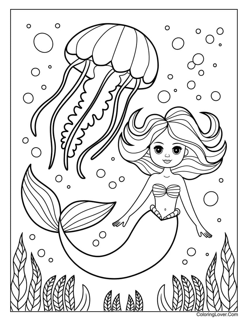 Mermaid swimming with jellyfish coloring page