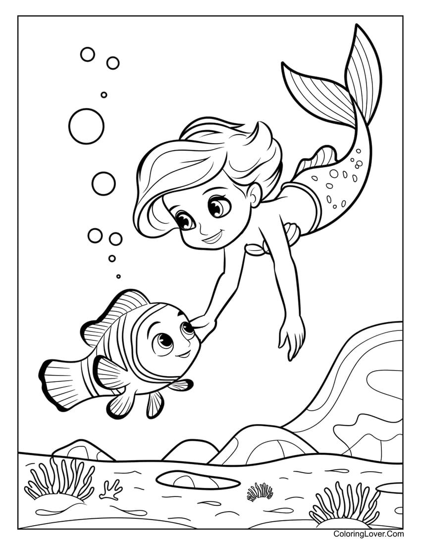 Mermaid swimming with Nemo coloring page for kids