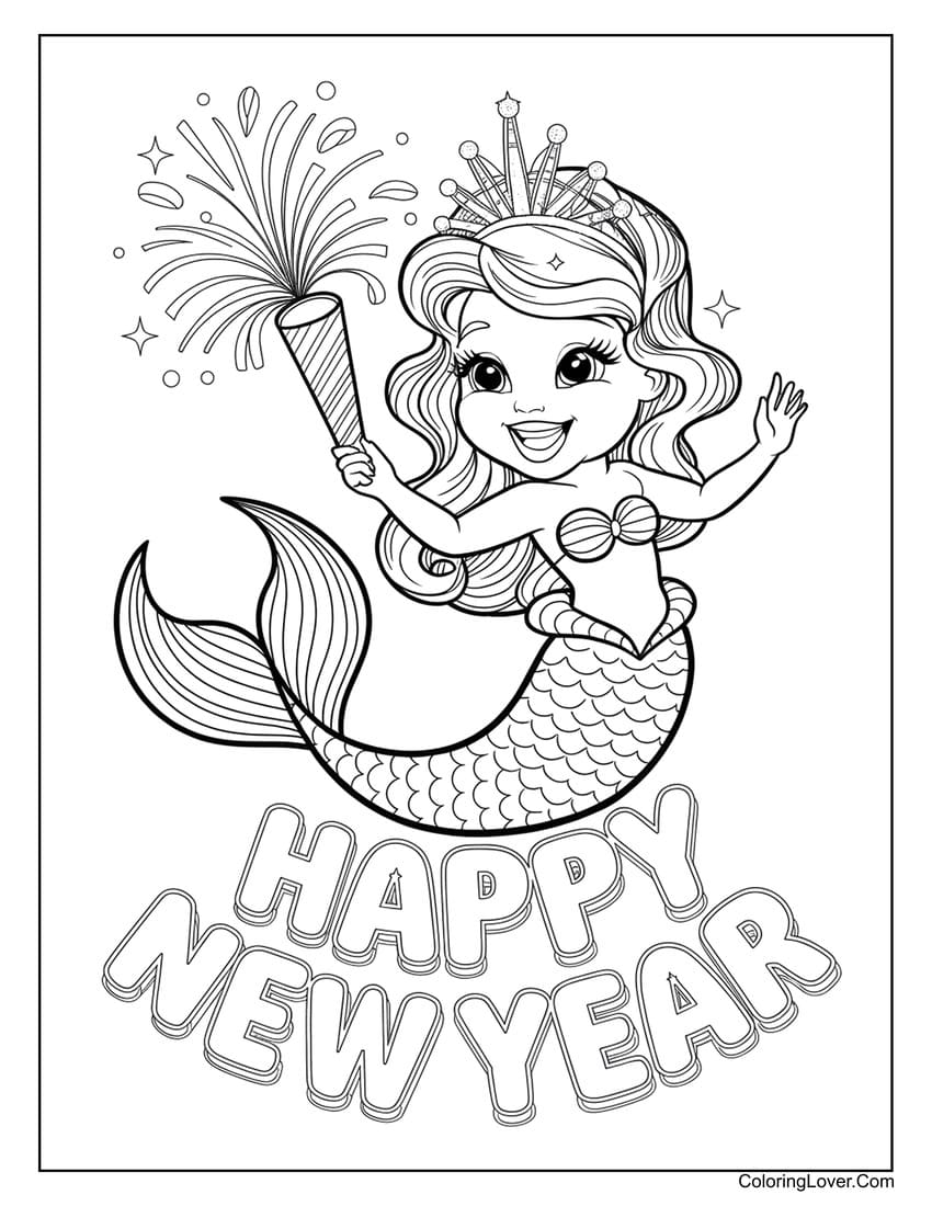 Mermaid with fireworks happy new year coloring sheet