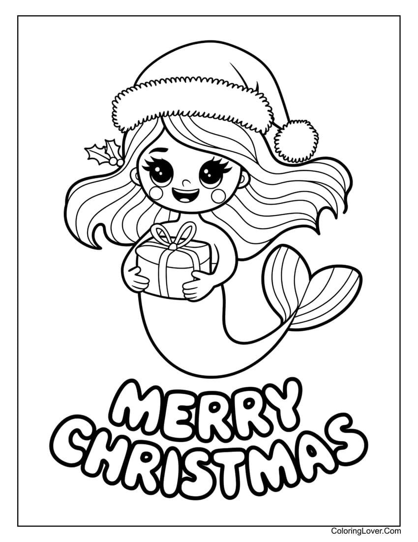 Mermaid with gift merry Christmas coloring page