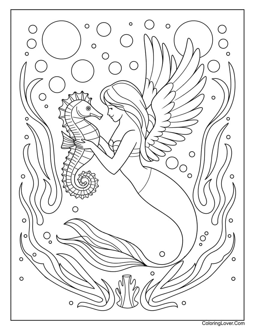 Mermaid with seahorse and wings coloring page for kids