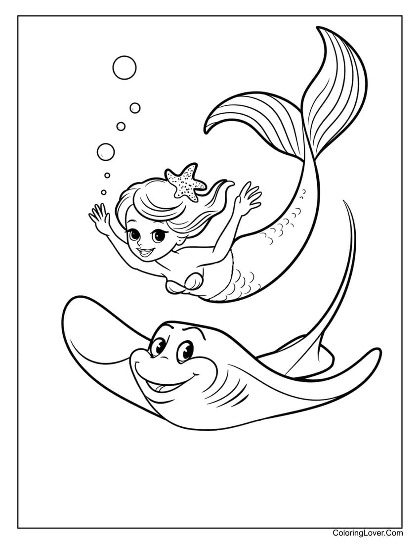 Mermaid with stingray coloring page