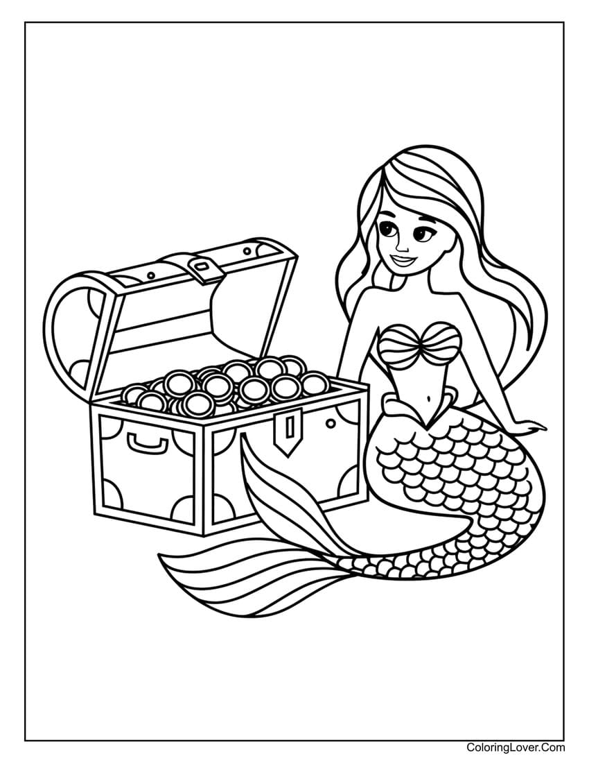 Mermaid with treasure chest coloring sheet